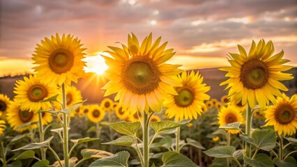 Fototapeta premium Vibrant sunflowers stretch towards the sky, their bright yellow petals aglow amidst a warm orange glow, as the sun sets over a serene golden field landscape.