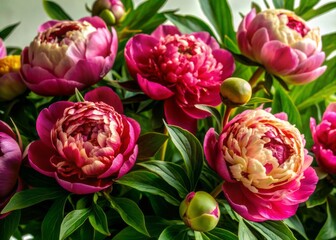 Delicate petals of lush pink peony flowers unfold against a crisp white background, showcasing intricate details and soft feminine charm in careful studio lighting.