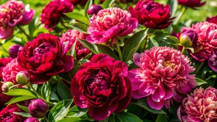 Fototapeta premium Vibrant magenta pink and burgundy peony flowers bloom in a lavish, full-frame floral background, perfect for spring and summer wedding or luxury celebration designs.