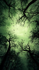 Fototapeta premium spooky forest canopy with silhouettes of birds flying