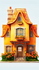 A charming orange cottage nestled in a sunny landscape with whimsical details and vibrant foliage