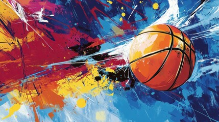 A vibrant illustration of a basketball in motion against a colorful abstract background.