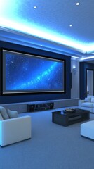 Fototapeta premium A cozy home cinema features plush armchairs, a large screen, and an LED panel depicting a starry sky, creating a perfect movie-watching atmosphere