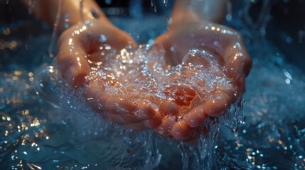 Fototapeta premium Lathered hands under a stream of water (close up, health and safety, futuristic, Composite, Laboratory sink)