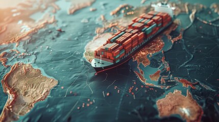 Container cargo ship in import-export logistics business on digital world map, 3D rendering.
