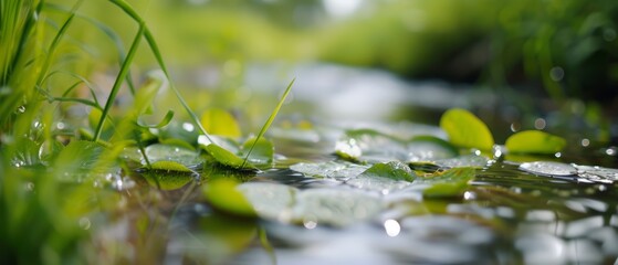 Naklejka premium A tight shot of water's surface, dotted with droplets, adjacent to lush grass