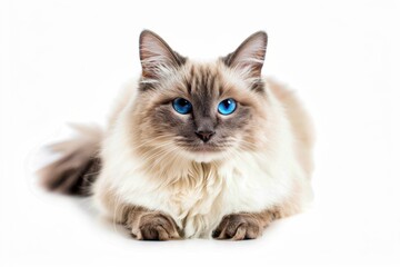 Fototapeta premium A fluffy cat with striking blue eyes lounging on a soft surface in a well-lit indoor space
