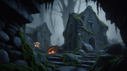 Detailed and realistic 4K wallpaper with an adventure theme featuring old buildings, wild plants and rocks against a backdrop of smoky forest mist with an eerie atmosphere at night