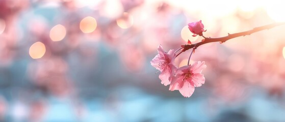Obraz premium A close-up of a pink flower on a branch against a blurred backdrop of lights
