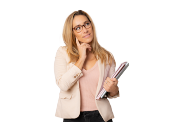 Pensive business woman isolated on transparent background studio. Achievement career wealth business concept. Hold notebooks, looking aside.