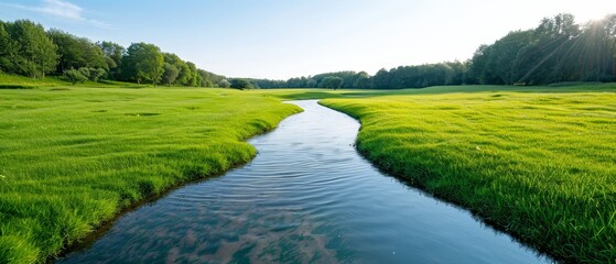 Naklejka premium A small stream runs through a lush green field, adjacent to another, backed by a forest