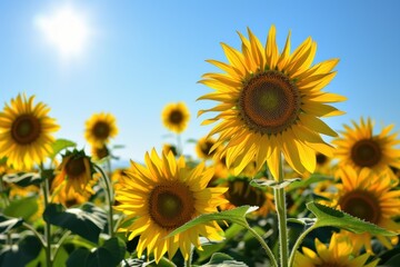 Obraz premium A field of sunflowers facing the sun, their bright yellow heads creating a sea of gold under a clear blue sky.