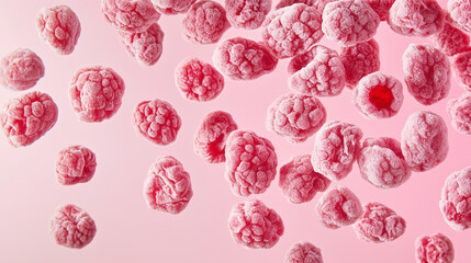 Freeze-dried raspberries in the process of falling on a light pink background, looking fresh and crisp