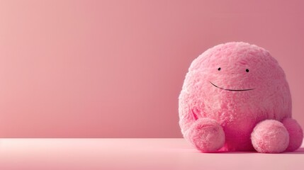 Fuzzy pink creature delightfully stares at a tiny companion in a soft, pastel wonderland