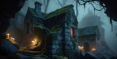 Detailed and realistic 4K wallpaper with an adventure theme featuring old buildings, wild plants and rocks against a backdrop of smoky forest mist with an eerie atmosphere at night