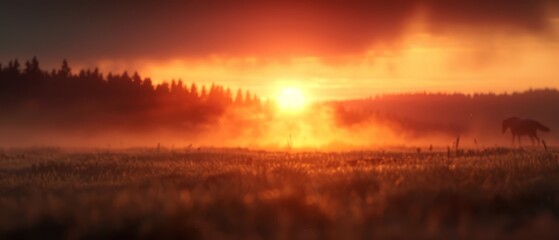 Obraz premium A horse grazes in a foggy field Sun sets behind forest of trees in the distance