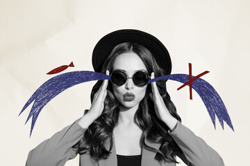 Composite trend artwork sketch collage of copyspace monochrome young lady eyewear grimace portrait cry water fish depression alone