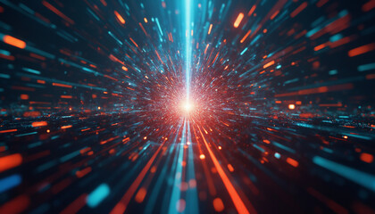 A computer screen radiates bright light in a dark setting, with red and blue lines creating a sci-fi, high-energy vibe.