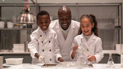 Happy Science Class: Chemistry Teacher with Diverse Students in Laboratory. Generative ai