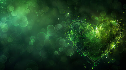Obraz premium Green heart on a shiny green background. Abstract background. Copy space.