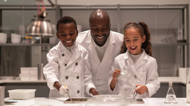 Happy Science Class: Chemistry Teacher with Diverse Students in Laboratory. Generative ai