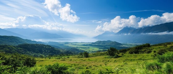 A lake lies centrally, mountains distant