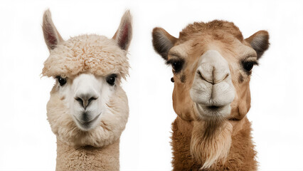 Obraz premium The face of an alpaca and a camel isolated on background