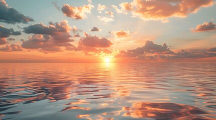 Fototapeta premium Title: Sandy sunrise serene beach gentle waves golden hour ocean landscape spectacular beach scene travel view background hues of orange pink purple