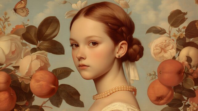Classical retro portrait of a young noble woman posing with a still life painting of fruits and flowers in the background; digital art in a vintage renaissance or medieval classic style