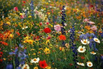 A field of wildflowers in full bloom, with a mix of colors and types creating a vibrant, natural tapestry