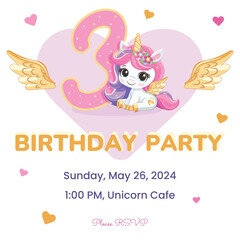 Birthday party invitation template with cute unicorn with golden horn and wings. Vector illustration in flat cartoon style