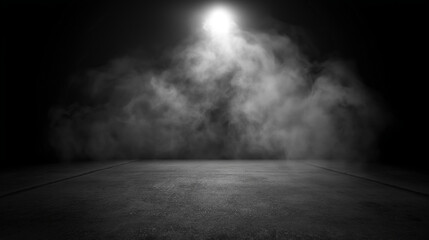 A spotlight illuminates a misty, dark concrete floor.