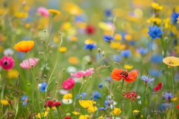 A field of wildflowers in full bloom, with a mix of colors and types creating a vibrant, natural tapestry
