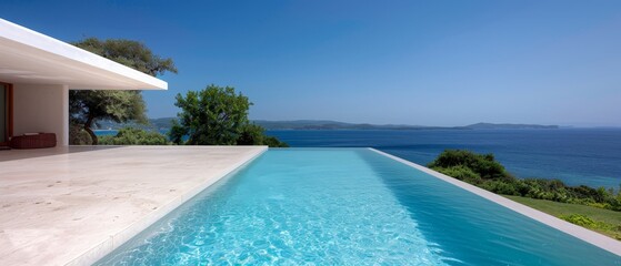  A large swimming pool adjacent to a vast body of water, featuring a scenic view of distance water