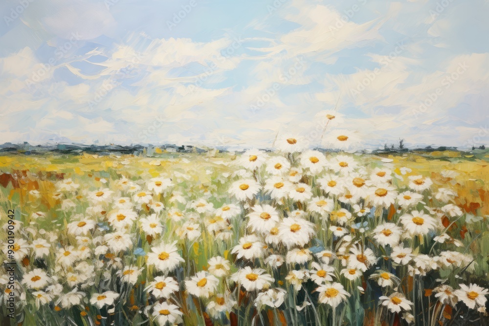 Sticker field of daisy painting landscape outdoors.