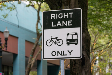 Fototapeta premium Bike lane only sign in the streets of Portland, Oregon