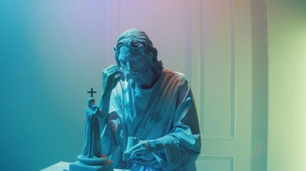 Obraz premium statue of Jesus sitting at a table holding his head in one hand and an open cross in the other, against a blue-green gradient background with soft lighting in high-resolution photography