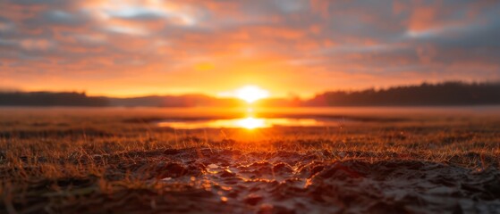  The sun sets in the distance, casting long shadows over a field A tranquil puddle reflecting its golden hues lies in the foreground, surrounded by lush grass