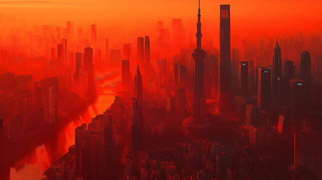 Silhouettes of skyscrapers in red sunset over cityscape.