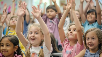 Young students are excitedly raising their hands, eager to participate and engage in classroom discussions
