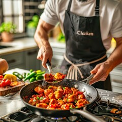 Culinary creativity in a modern kitchen with sizzling chicken and vibrant vegetables