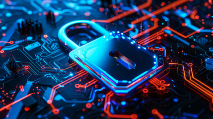 Modern blue lock on a technological dark background. Protection and safety concept.