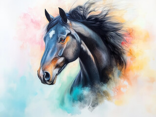 A sleek Akhal Teke horse, its flowing mane and intense gaze, emerges in vivid realism against a dreamy, pastel watercolor backdrop, embodying freedom and untamed beauty.
