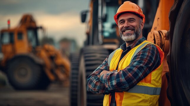 Portrait of smiling worker in safety vest by heavy machinery at dock