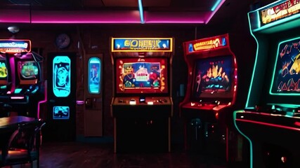 Retro Arcade Room with Neon Lights and Classic Arcade Games