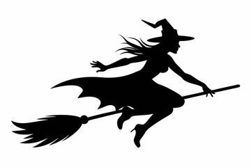 witch flying on a broomstick silhouette on white background