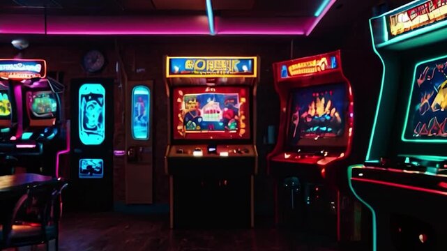 Retro Arcade Room with Neon Lights and Classic Arcade Games