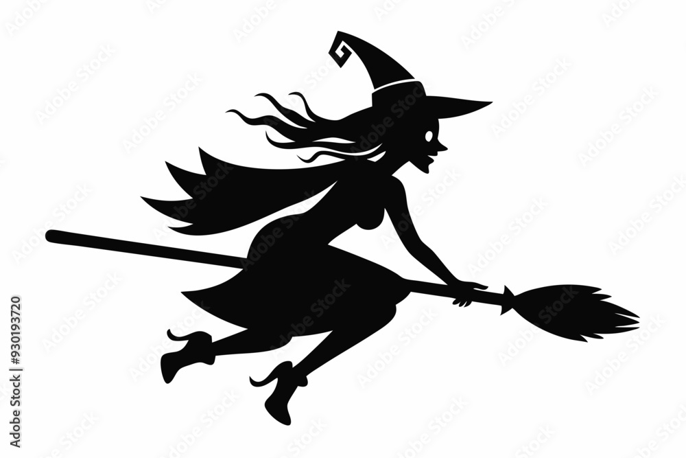 Wall mural witch flying on a broomstick silhouette on white background