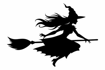 witch flying on a broomstick silhouette on white background