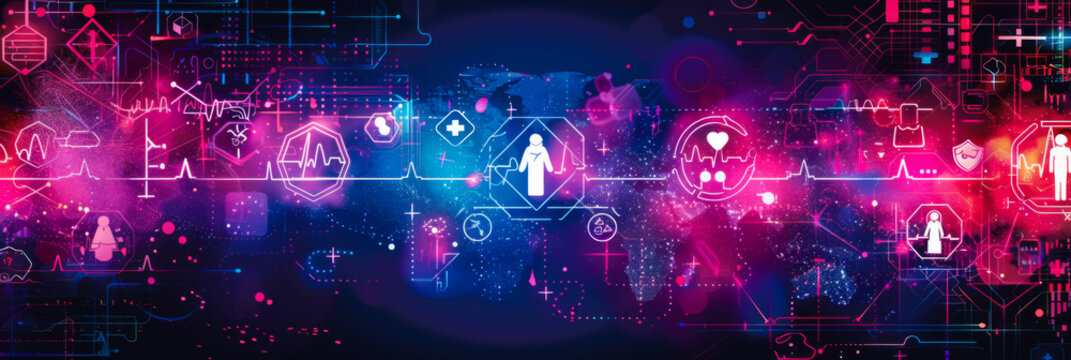 Abstract medical background. Bright medical symbols in pink, purple and blue colors on a dark background. Healthcare concept. - Powered by Adobe